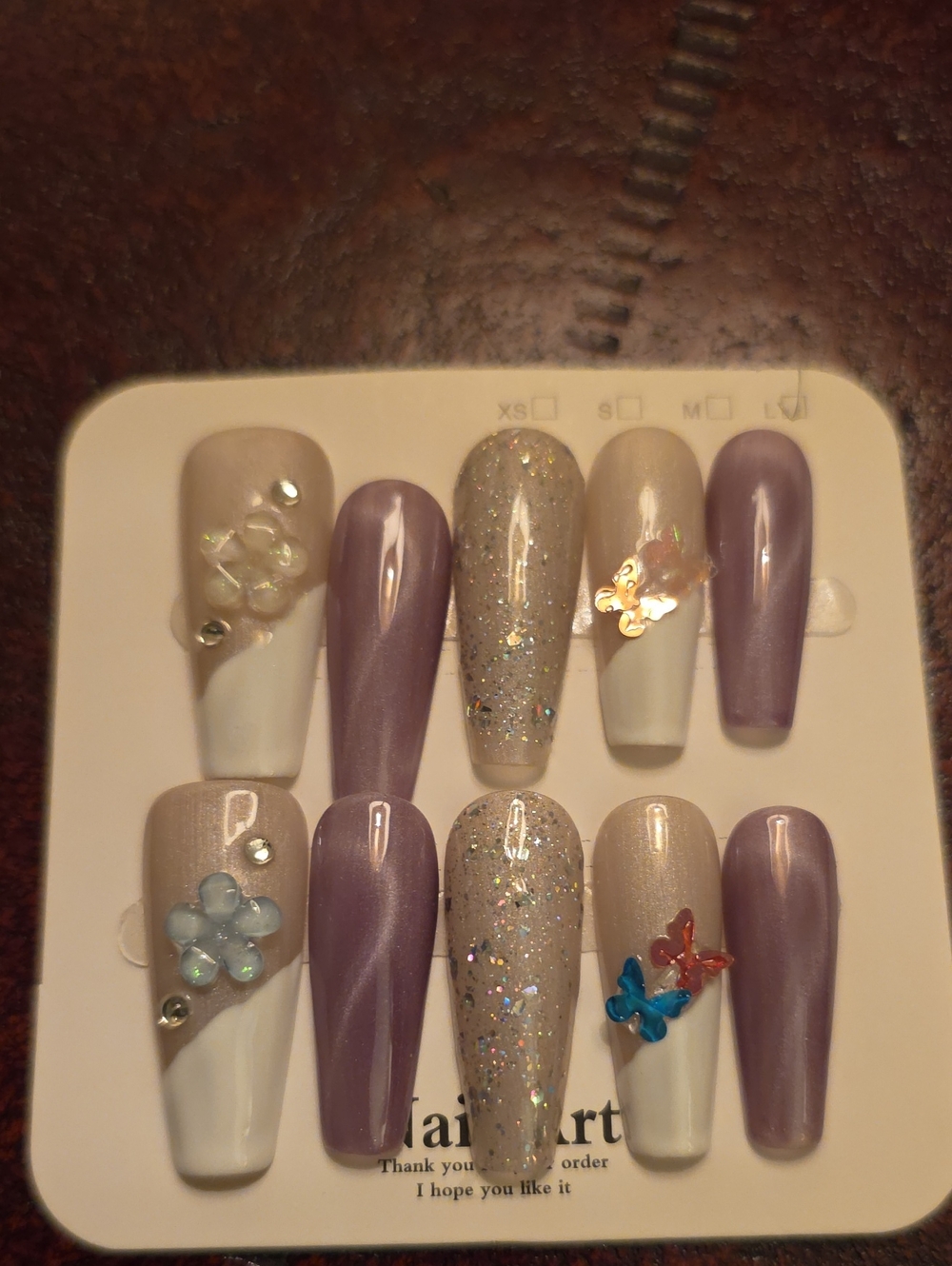Lilac & Pearl Glitter Press-On Nail Set with Butterfly Accents Size Large